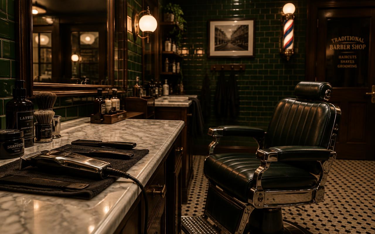Traditional barber shop interior with a leather chair