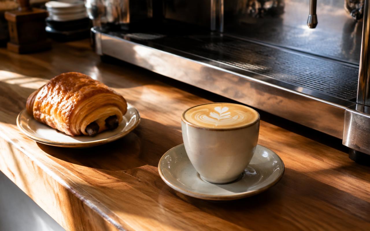 Flat white and a pastry on a café counter