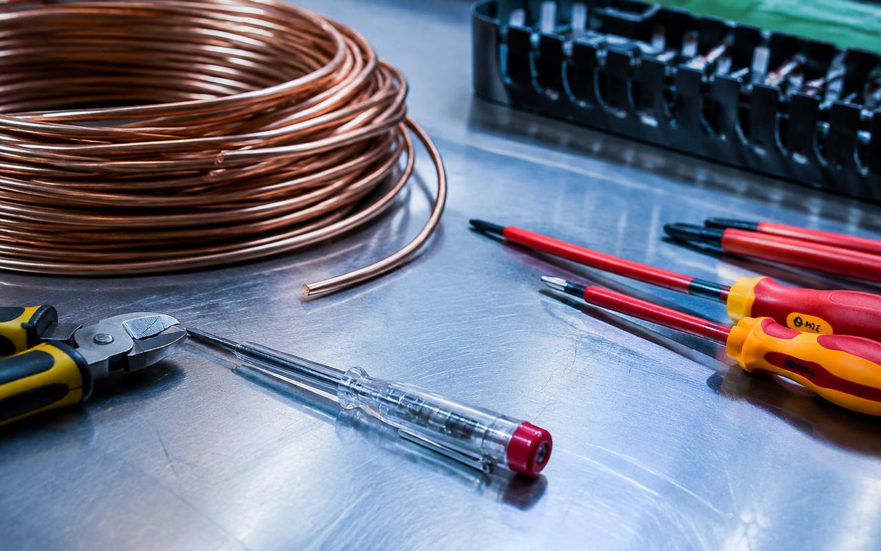 Electrician's tools and copper cable on a workbench