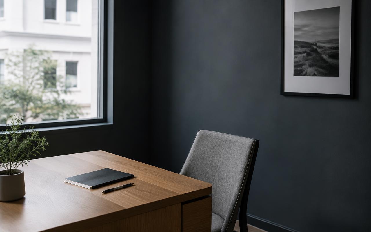 Minimal professional office with an oak desk and notebook