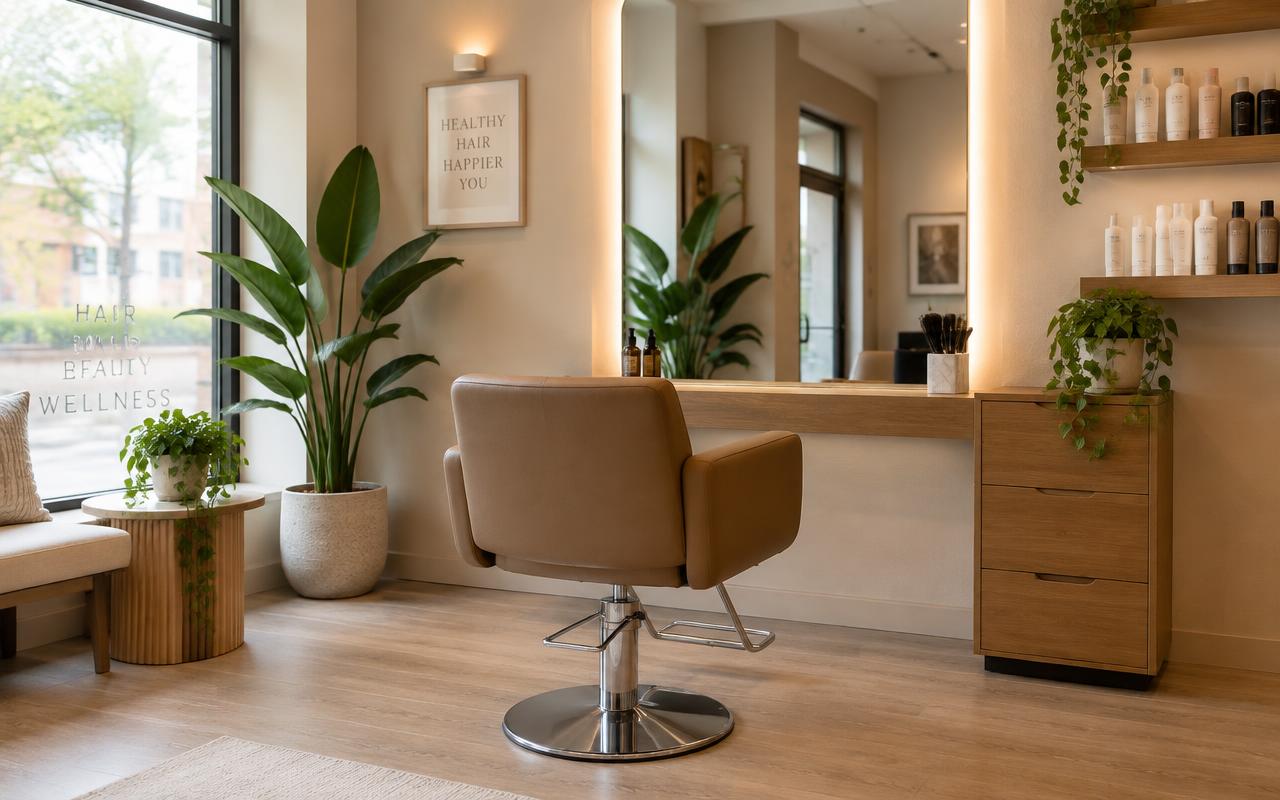 Modern salon interior with a styling chair and large mirror