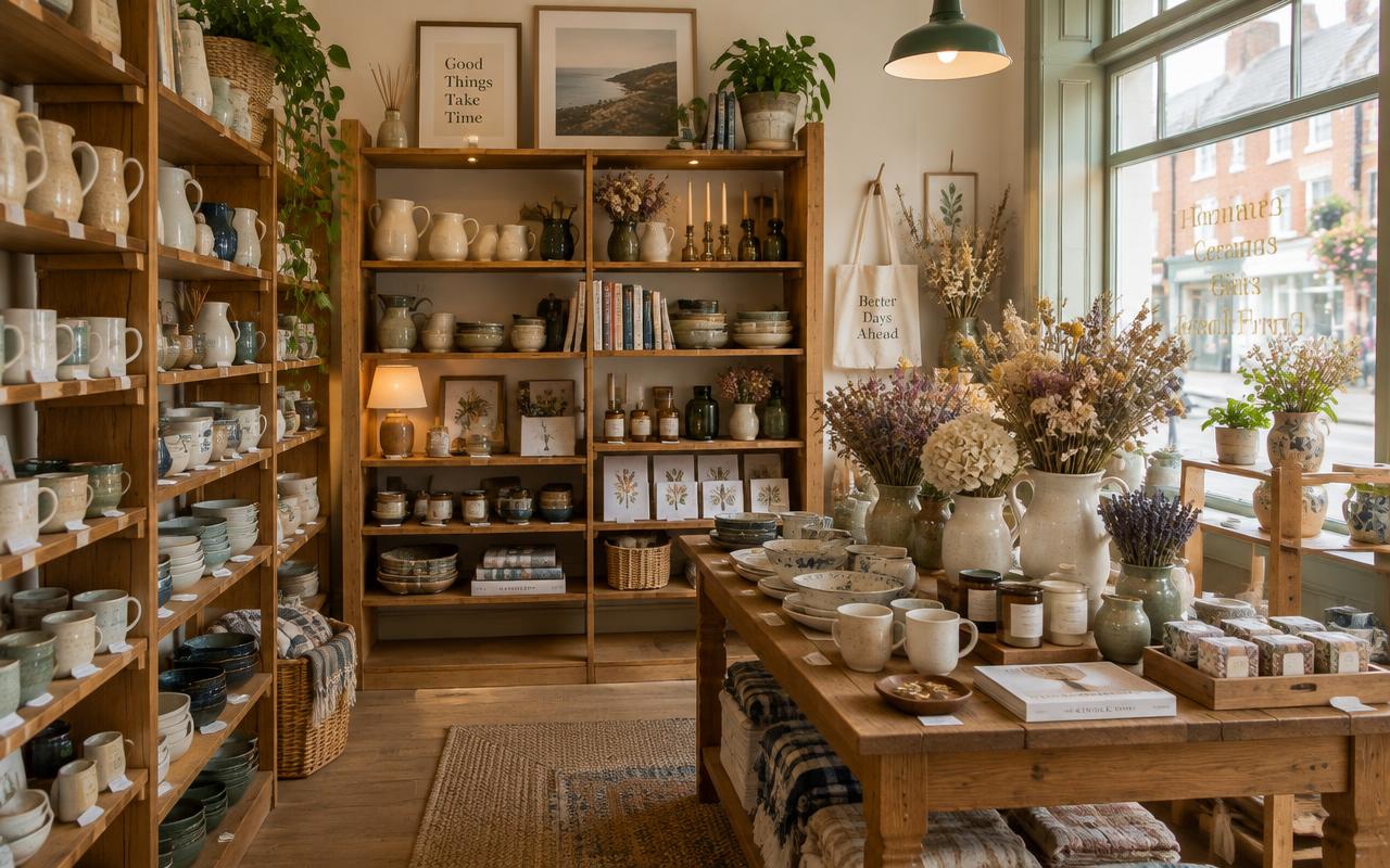 Independent shop interior with shelves of homeware and dried flowers