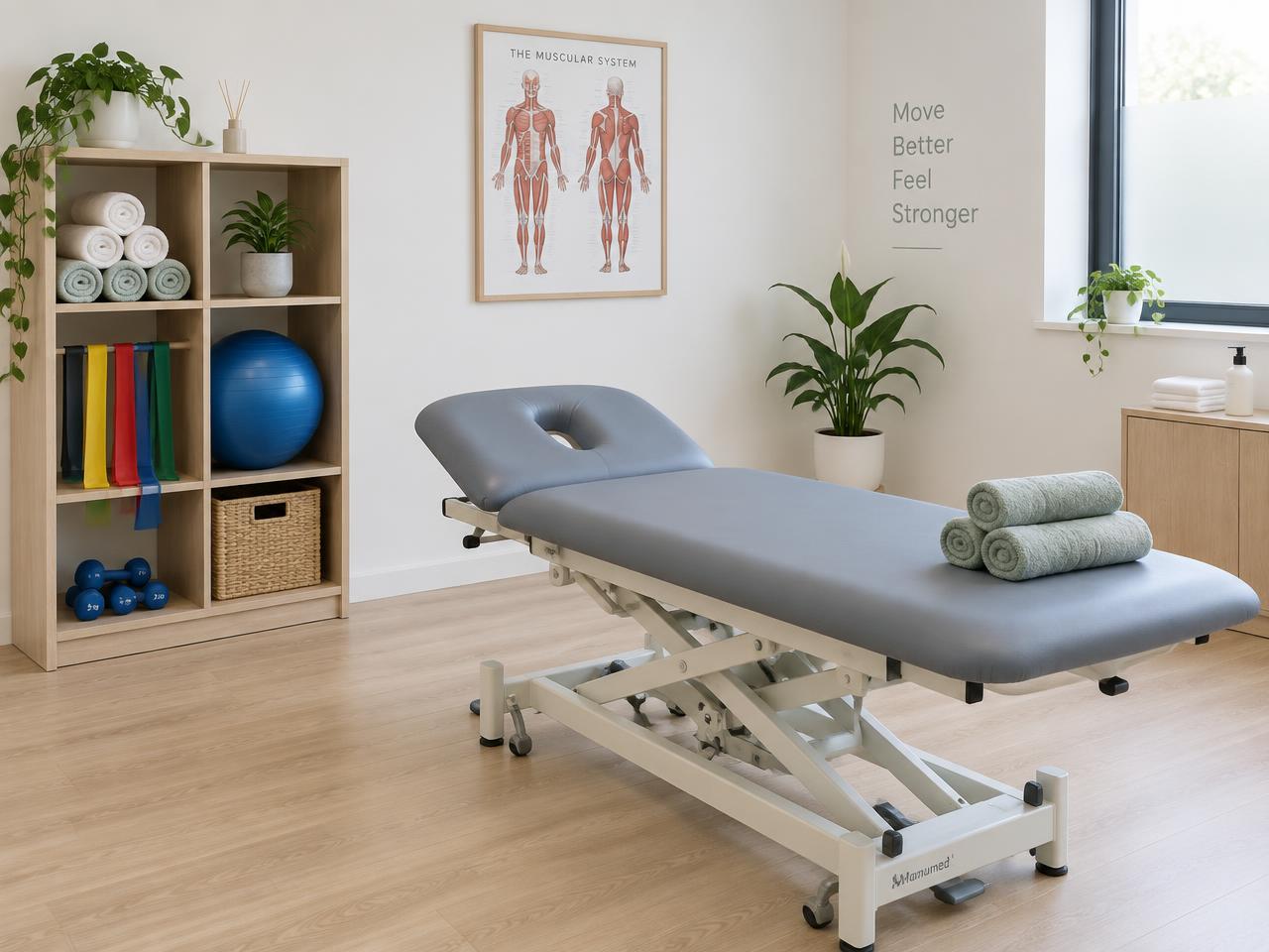 Calm physiotherapy treatment room with a couch and towels