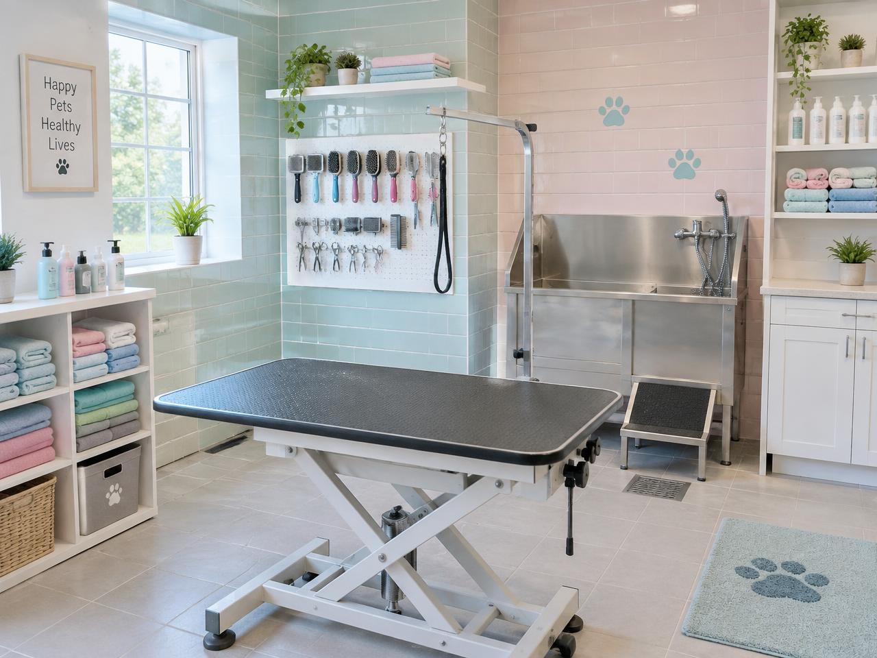 Bright dog grooming room with a grooming table and brushes