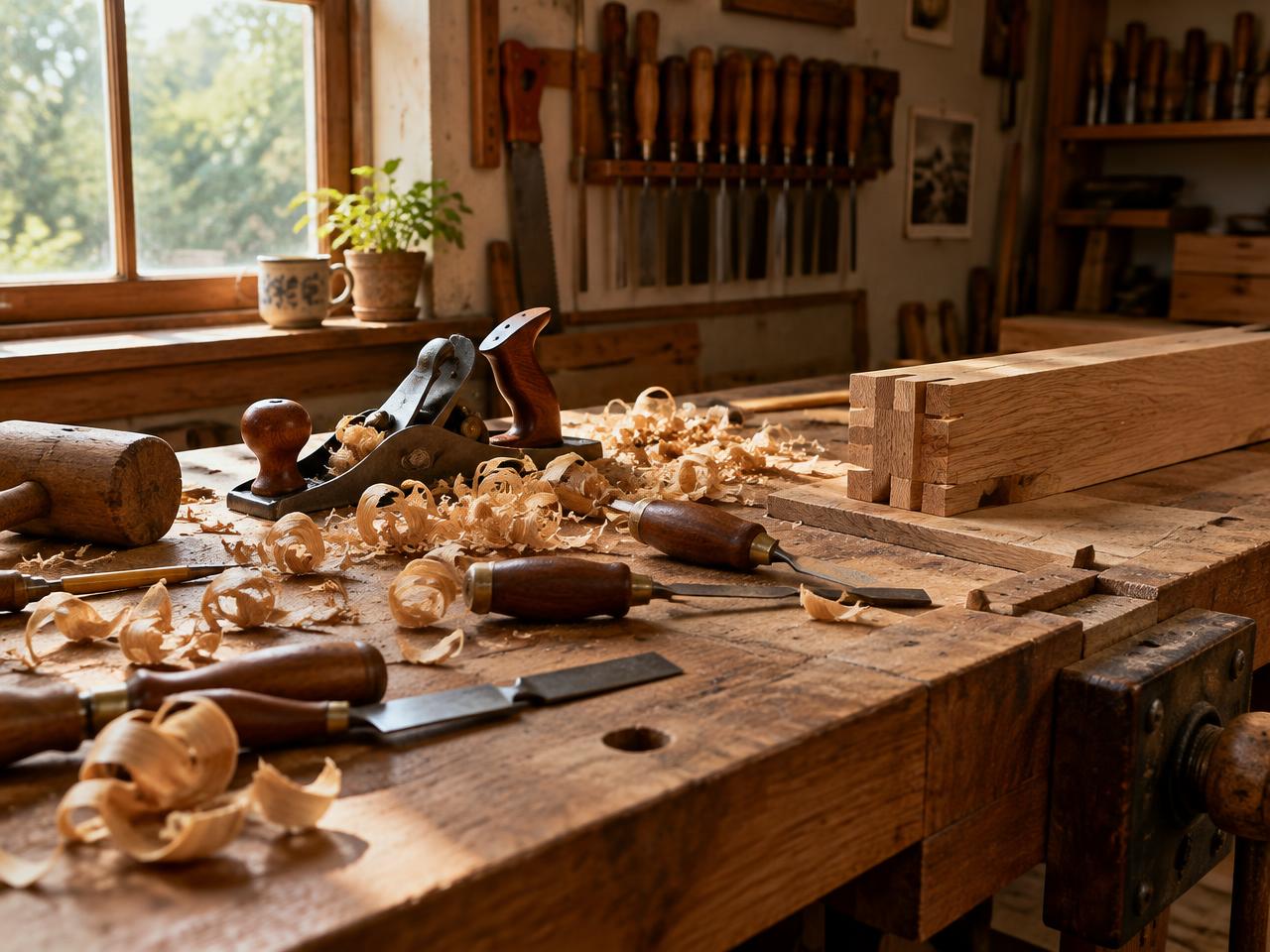 Hand tools and oak shavings on a joiner's workbench