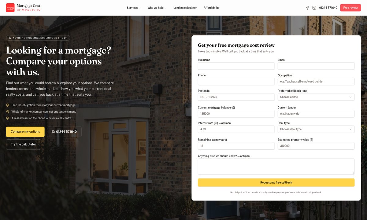 Mortgage Cost Comparison homepage with its callback request form