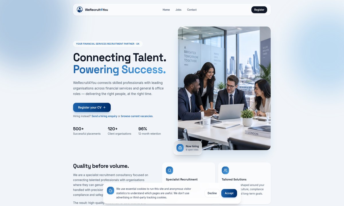 WeRecruit4You homepage with its recruitment headline and featured roles