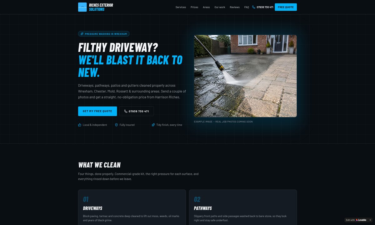 Riches Exterior Solutions homepage showing a driveway being cleaned